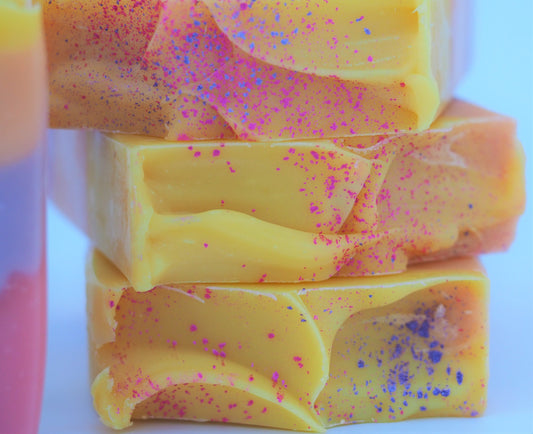 Sunset Handmade Artisan Soap Bar with vibrant colors resembling a sunset – natural ingredients and vegan-friendly formulation perfect for skincare.