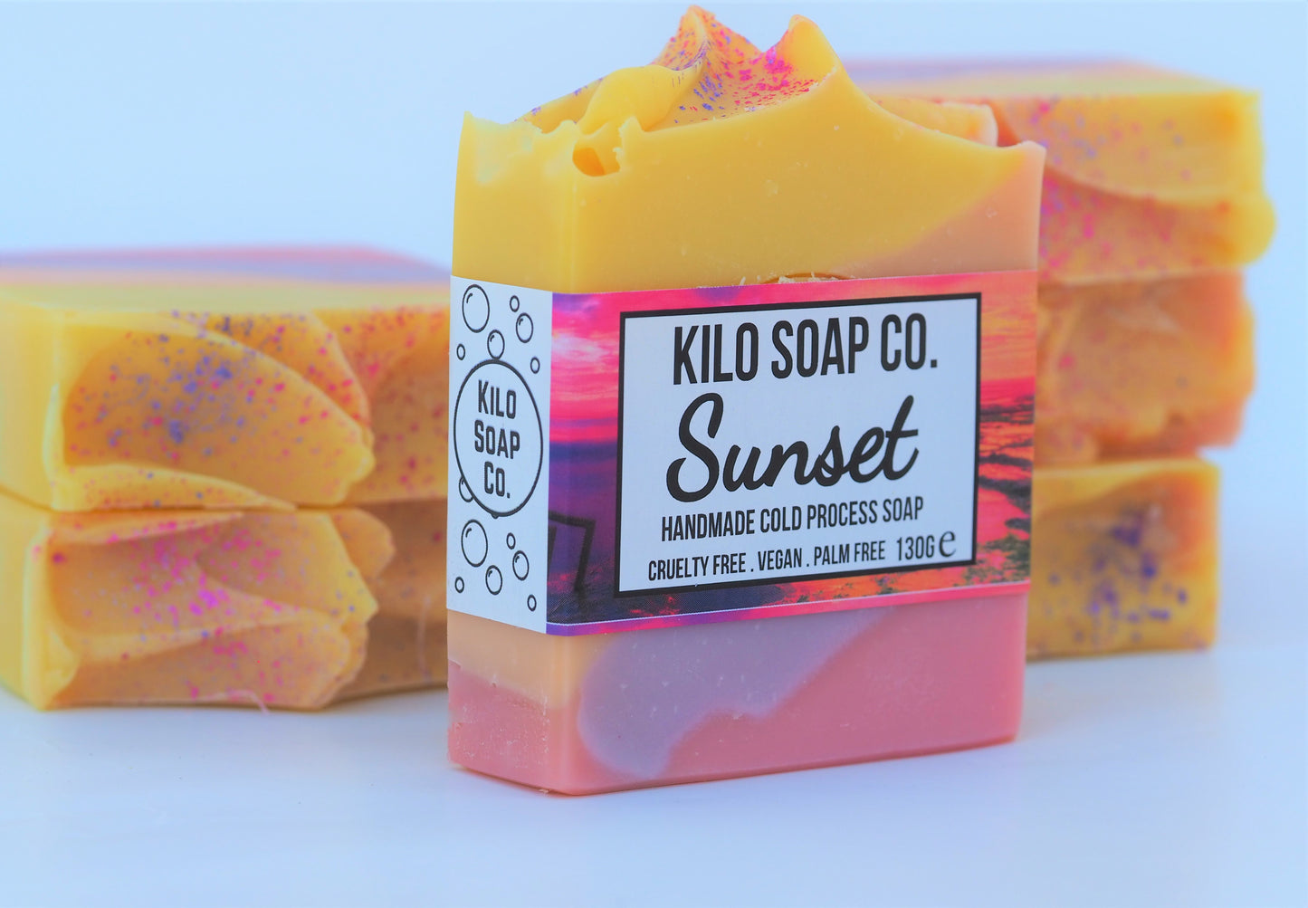 Sunset Handmade Artisan Soap Bar with vibrant colors resembling a sunset – natural ingredients and vegan-friendly formulation perfect for skincare.