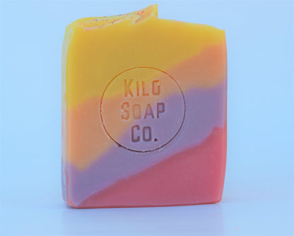 Sunset Handmade Artisan Soap Bar with vibrant colors resembling a sunset – natural ingredients and vegan-friendly formulation perfect for skincare. Olive oil soap.