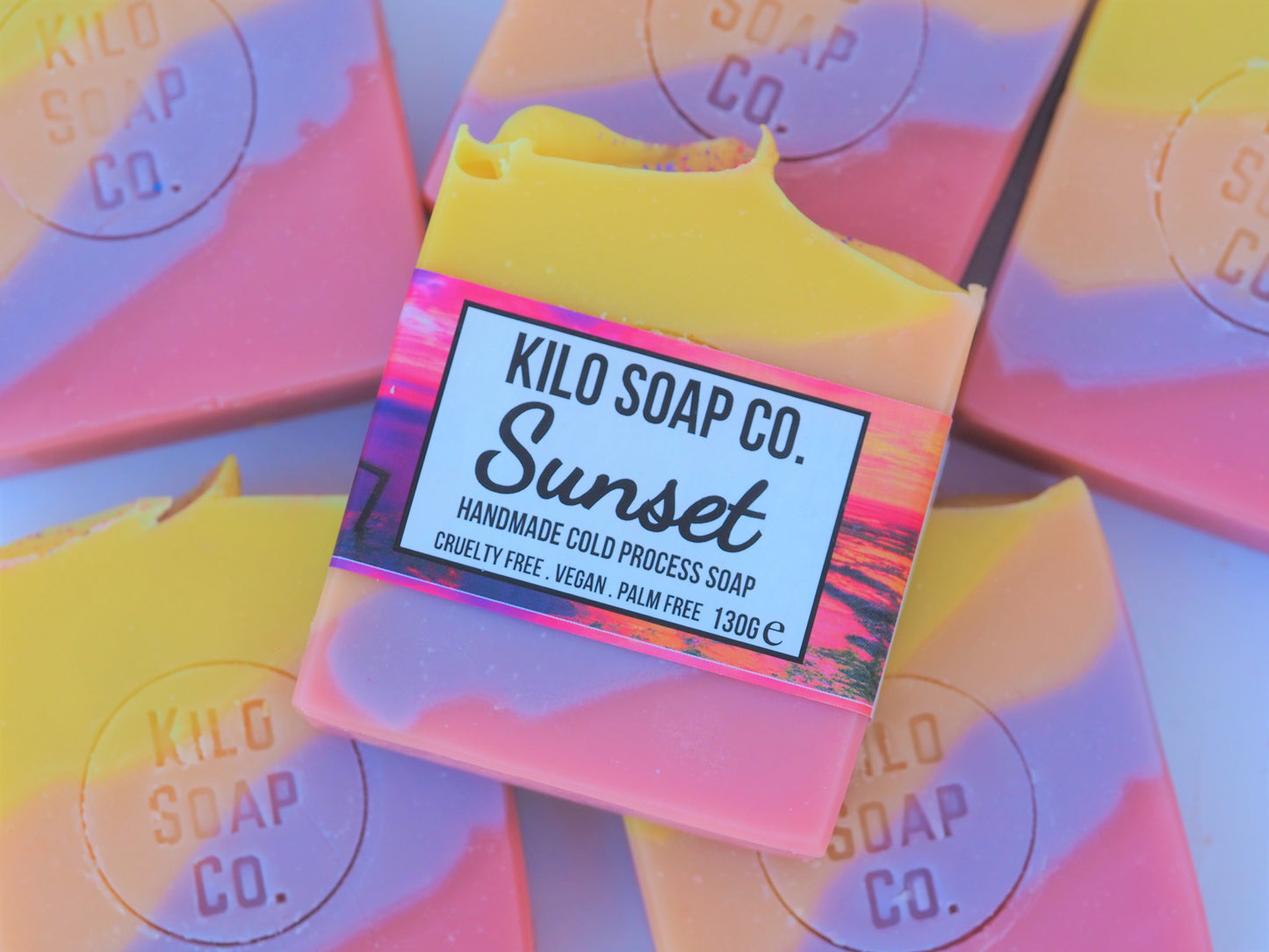 Sunset Handmade Artisan Soap Bar with vibrant colors resembling a sunset – natural ingredients and vegan-friendly formulation perfect for skincare. made in spain.