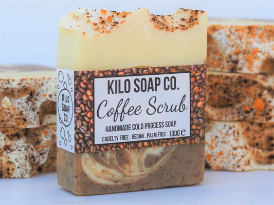 Exfoliating soap bar made with real coffee grounds and a rich espresso scent. Moisturising and luxury skincare. Made in Spain. Olive oil included.