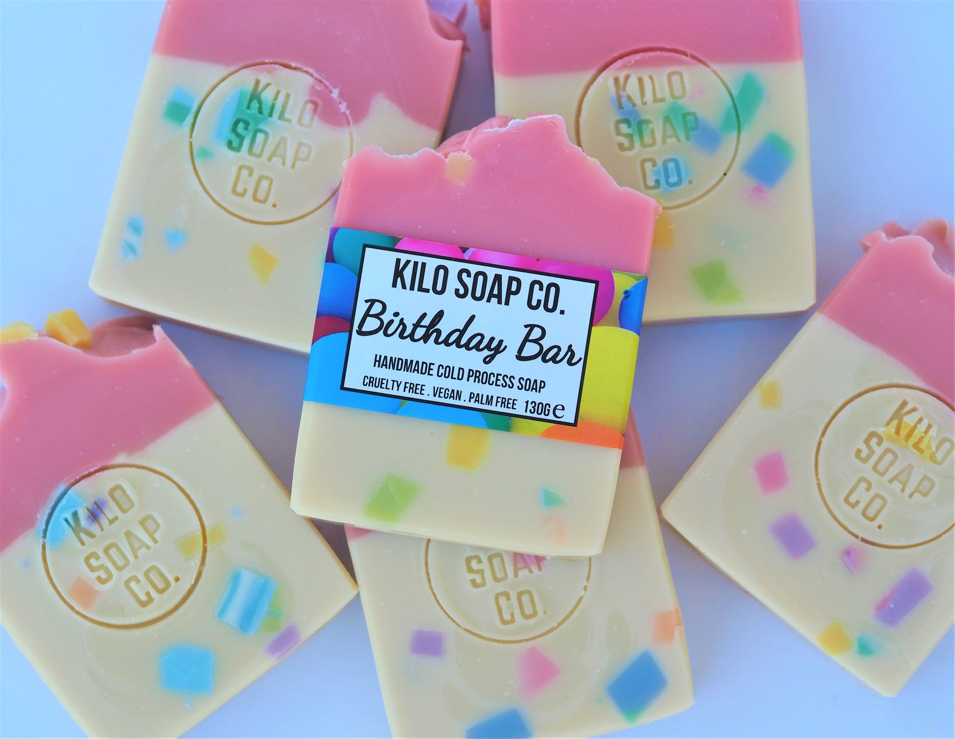 Birthday handmade artisan luxury soap bar. Colourful handmade soap bar with vibrant confetti design, scented with sweet vanilla and citrus. Birthday gift, made in Spain.