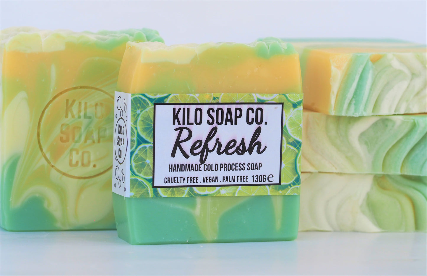 Refresh Handmade Artisan Soap Bar with invigorating citrus and minty spearmint, featuring lime, lemon, eucalyptus, and sugar. A vegan-friendly soap that refreshes and revitalizes the skin, leaving it soft and smooth.