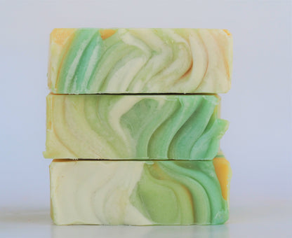 Refresh Handmade Artisan Soap Bar with invigorating citrus and minty spearmint, featuring lime, lemon, eucalyptus, and sugar. A vegan-friendly soap that refreshes and revitalizes the skin, leaving it soft and smooth.